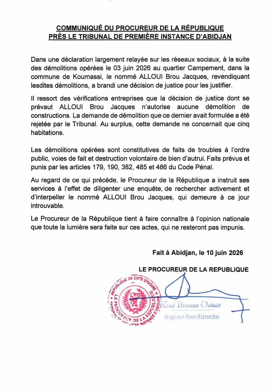 Déguerpissement à Koumassi : le Procureur Braman Koné ordonne son interpellation, Alloui Brou Jacques est introuvable
