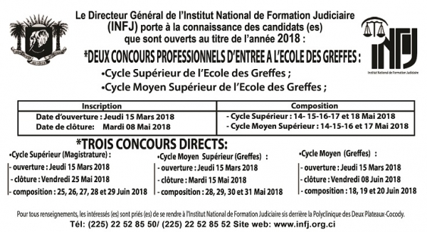 Côte d’Ivoire : deux concours d’admission à l’l&#039;institut national de formation judiciaire lancés